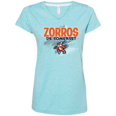 Somerset Patriots Ladies Caribbean Melange  Zorros de Somerset Fullton Copa Vneck Tshirt