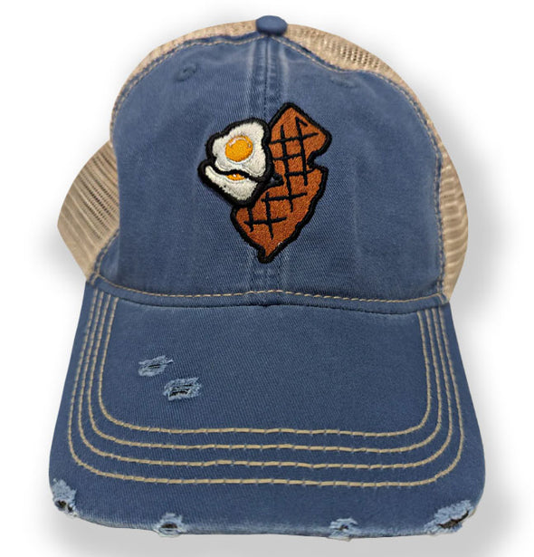 Jersey Diners Adult State & Eggs Distressed Snap Back Tea Stain Cap