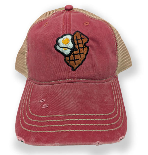 Jersey Diners Adult State & Eggs Distressed Snap Back Tea Stain Cap