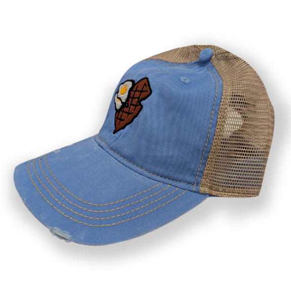 Jersey Diners Adult State & Eggs Distressed Snap Back Tea Stain Cap