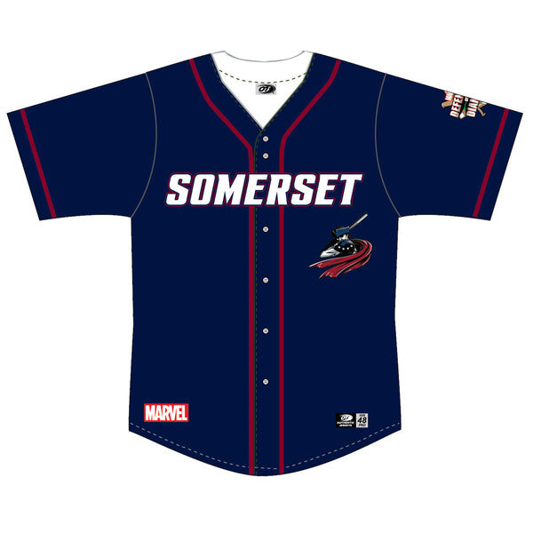 OT Sports Somerset Patriots Marvel's Defenders of The Diamond Youth Authentic On-Field Jersey Replica yxl / No